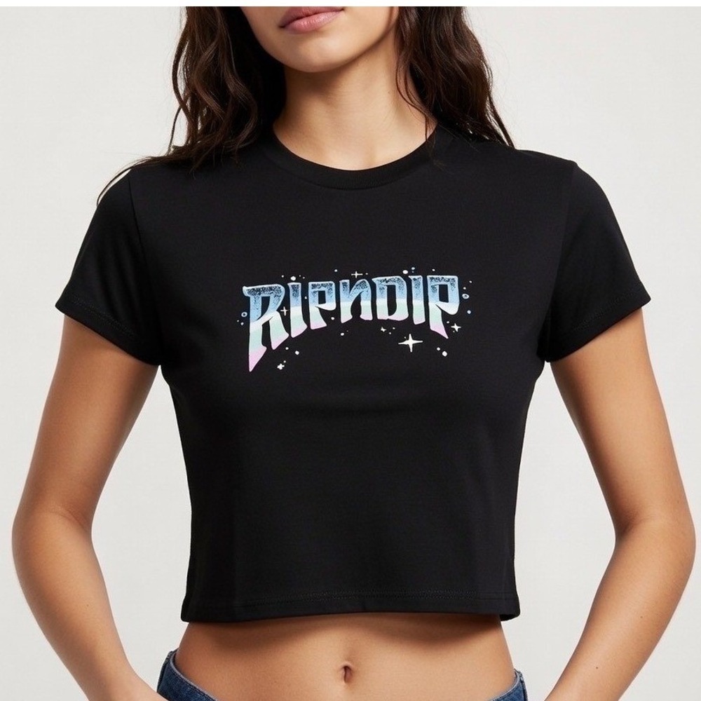 RipNDip Superstar Cropped Baby Tee Y2K Black Lrg Multi Color Logo Graphic Shirt